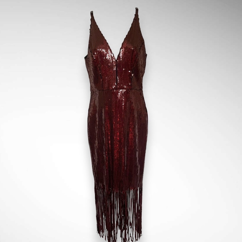 DRESS THE POPULATION Burgundy Sequin Cocktail Dress W/ Cascading Fringe XS NWT